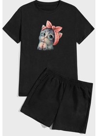 Resim Sevimli Kedi Baskı Şort Takım Siyah 