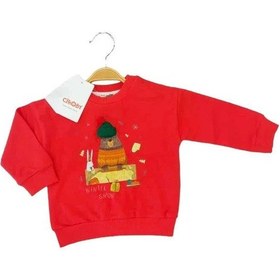 Resim Çikoby Bebek Örgü Şapkalı Ayı Baskılı Sweatshirt-13519 Kırmızı 