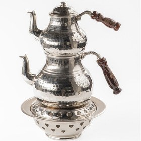 Resim Büyük Boy Gaziantep Bakır Çaydanlık Takımı Ve Balkon Sefası Takımı Komple El Dövmesi Gümüş 