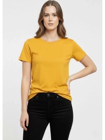 Resim Essence Sarı Bisiklet Yaka Slim Fit Kadın Tişört - Günlük Basic Body 