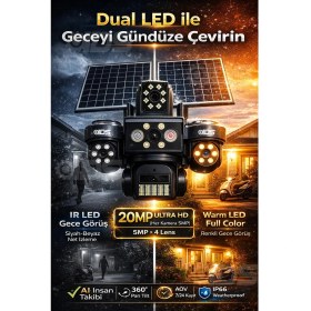 Resim IDS 20MP Ultra Hd 4 Lens Tam Kontrol Güneş Enerjili Kamera Sim Kartlı Dual LED 12XZOOM Çakar LED Siren 