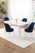 Resim Canisa Pir Serisi 80x130 Sabit Beyaz Mermer Desen Mutfak Masa Takımı Ve 4 Lacivert Sandalye 