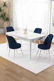 Resim Canisa Pir Serisi 80x130 Sabit Beyaz Mermer Desen Mutfak Masa Takımı Ve 4 Lacivert Sandalye 