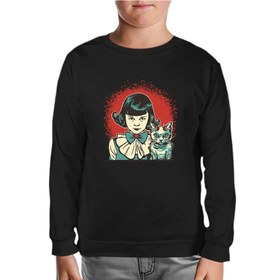 Resim Gizemli Cadılar Bayramı - Mistik Kız ve Maskot Kedi Siyah Çocuk Sweatshirt - Siyah / 6 Yaş 