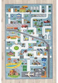 Resim Eğitici Yol Arabalı Çocuk Halısı Mavi 