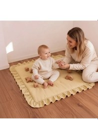 Resim Keten Oyun Halısı, Kare Oyun Matı, Fırfırlı Oyun Minderi - Sarı 