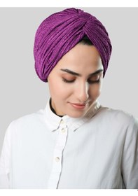 Resim Hürrem Bone Şarabi Çapraz Büzgülü Piliseli Tesettür Bone Fukuro Kendinden Desenli 2316 08 Mor 