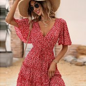 Resim Yılbaşı Tatil Plaj Kıyafeti Kadınlar İçin Çiçekli Kelebek Kol Fırfır Etekli Elbise 