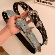 Resim Retro tarzı kemer, retro oyma pin tokası, işlemeli rivet detay, panel - Plaj, gece, hafta sonu rahat, festivaller için çok yönlü aksesuar (1 adet) 