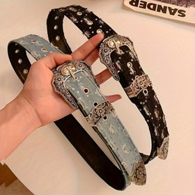 Resim Retro tarzı kemer, retro oyma pin tokası, işlemeli rivet detay, panel - Plaj, gece, hafta sonu rahat, festivaller için çok yönlü aksesuar (1 adet) 