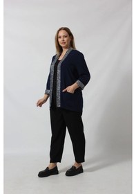 Resim Moda Berray Parlak Detaylı Garnili Büyük Beden Blazer Ceket Lacivert 