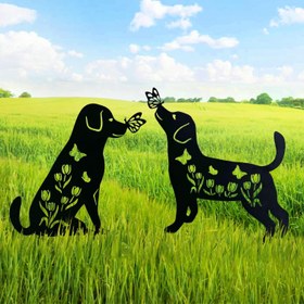 Resim Metal Köpek Bahçe Dekoru - Çiçek ve Kelebek Motifli Dayanıklı Metal Bahçe Süsü 
