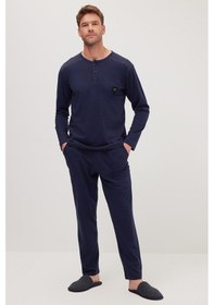 Resim Tudors Erkek Standart Fit Normal Kesim %100 Pamuk Bisiklet Yaka Beli Lastikli Lacivert Pijama Takımı-37946 Lacivert 