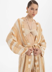 Resim Çizgili Etamin Dokulu Kimono - Gri / Standart 