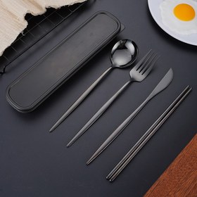 Resim Portekiz Bıçağı, Çatal, Kaşık ve Çubuklar + Taşınabilir Kutu 4'lü Yaratıcı Paslanmaz Çelik Portekiz Taşınabilir Çatal Bıçak, Kaşık ve Çubuklar Seyahat için Dört Parça Hediye Çatal Seti 