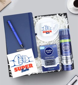 Resim Mavi Defter & Mavi Mat Roller Kalem & Baba Tasarım Fincan & Nivea Balsam & Nivea Tıraş Köpüğü Hediye Seti 