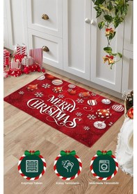 Resim Brillahome Yılbaşı Desenli Kırmızı Kapı Önü Paspası, Yılbaşı Kapı Paspası 45x70cm Kırmızı 