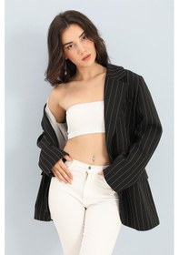 Resim Blazer Ceket Çizgili Atlas Kumaş - Siyah-siyah Siyah 