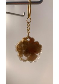 Resim Epoksi İçinde Gold Süslü Çiçek Şekil Gold Aksesuarlı Anahtarlık 