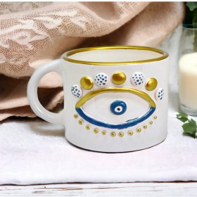 Resim Sim Atölye Göz Desenli El Yapımı Altın Yaldız Detaylı Geniş Kahve Kupası 
