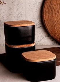 Resim Amandus Luma Soft Siyah - 3'lü Ahşap Vakumlu Kapaklı Seramik Kahvaltılık Seramik Kase Çerezlik 300 ml Siyah Tek Ebat 