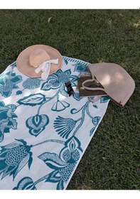 Resim Kadife Tropik Desenli 90x180 Cm Outlet Plaj Havlusu Baveno Turkuaz 