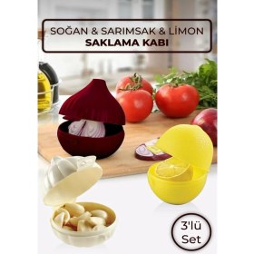 Resim PremiumPort 3'lü Saklama Kabı Seti, Soğan, Sarımsak, Limon Için Güvenli Saklama 