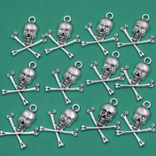 Resim 15 adet 23.6x19.5mm Korsan Tarzı Kafatası Kolye Ucu Antika Gümüş Tibet Stili İskelet Süsleri Vintage Halloween Takı Yapımı için Bileklik ve Kolye DIY 