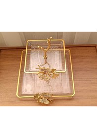 Resim Elta Collection 2 Katlı Döküm Aksesuarlı Yaldız Detaylı Kare Servis Tabağı Sunumluk Kurabiyelik Şeffaf 