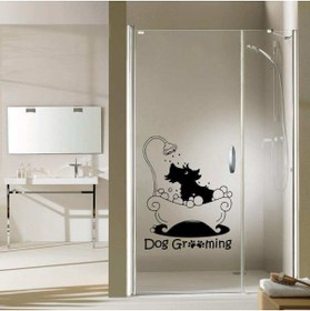 Resim cnpromosyon Dog Grooming Yazılı Duşta Sevimli Köpek Silüeti Dekoratif Banyo Duvar Sticker, Çıkartma, Etiket 