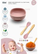 Resim Kiwi 3 Parça Kase Çatal Kaşık Beslenme Seti - Doğal Silikon Bpa İçermez- Rose Pink 