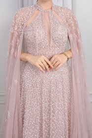 Resim Halter Yaka Pelerin Detaylı İnci Ve Taş İşlemeli Büyük Beden Tasarım Abiye Pembe - Pembe / 46 