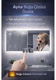 Resim Digital Hayat Buğu Çözücü Dokunmatik Dimlenebilir Dikdörtgen Ayna Beyaz Işıklı Led Dekoratif Banyo Makyaj Aynası Yatay Ve Dikey Kullanım Beyaz 