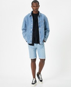 Resim Koton Yırtık Kot Şort Slim Fit Katlama Detaylı Düğmeli Cepli Açık İndigo 4sam40101nd Açık İndigo 