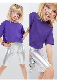 Resim Denokids Kız Çocuk Tayt Gümüş Gri Parlak Metalik Disco Tayt Dizüstü Varak Kumaş Renkli 