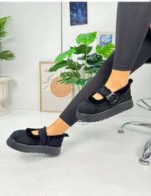 Resim Günlük Kadın Babet Süet Kalın Tırtıklı Taban Kemer Detaylı Oval Burunlu Ayarlanabilir Tokalı 500h Siyah 