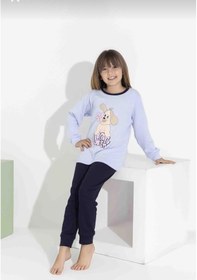 Resim Kız Çocuk Baskılı Uzun Kollu Pijama Takımı Sevimli Ev Giyimi-8408- Mavı 