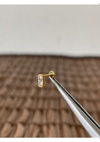 Resim Gerçek Titanium G23 Dikdörtgen Noktalı Zirkon Altın Titanyum 6x1.2mm Bedenilabret Piercing Altın 