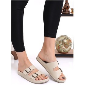 Resim Mlx 10651 Çift Toka Kadın Terlik Comfort Anatomik Kadın Ev Dışarı Terliği Bej 