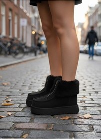 Resim İçi Kürklü Önden Fermuarlı Bot Siyah Topuk Boyu 4 Cm 091 Sıyah 