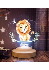 Resim Sevimli Aslan Tasarımlı İsimli Çocuk Odası Gece Lambası, Aslan Bebek Doğum Günü Hediyesi Led Lamba 