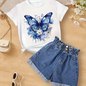 Resim 1 adet Gençlik Kelebek Baskılı Kısa Kollu T-Shirt - Rahat Yuvarlak Yaka, Tüm Mevsimler İçin Konforlu Çiçek Desenli Örgü Üst, Bahar/Yaz/Sonbahar İçin İdeal, Günlük T-shirt|Kelebek Baskılı Üst|Örgü Yapısı, Kelebek Giyim 