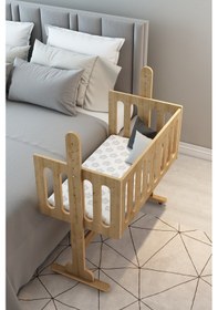 Resim Momyside Anne Yanı Beşik Park Yatak Bebek Yatağı Safir Meşe 