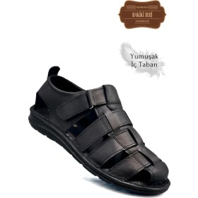 Resim Sermoda Hakiki Deri Burnu Kapalı Erkek Sandalet Siyah 