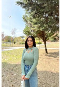 Resim WeShaya Kadın Mint Yüksek Yaka, Uzun Kol,vucüda Oturan Kalıp, Esnek Kumaş, Dekolte Detay, Triko Bluz Mint 