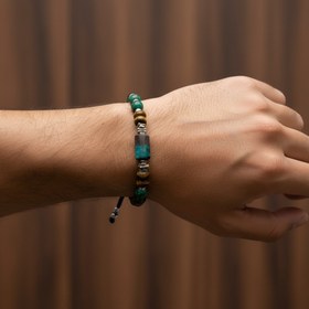 Resim Krizokol, Kaplan Gözü, Azurit Malakit & Hematit Doğal Taş 925 Ayar Gümüş Erkek Bileklik - Özel Tasarım - 19 cm 