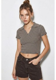Resim Shade Kadın Polo Yaka Çizgili Kaşkorse Crop Basic T-shirt 60284011 - Kahverengi-bej Çok Renkli 