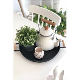 Resim Kitchen Trend Yuvarlak 37 Cm Ahşap Kulplu Metal Siyah Tepsi 