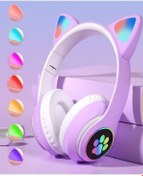 Resim Kensa Lila Bluetooth 5.0 Mikrofonlu Kablosuz Yüksek Ses Akıllı Led Işıklı Kedi Patili Rgb Mor Kulaklık 