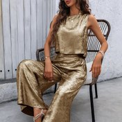 Resim Şık Altın Metalik Kadın İki Parçalı Takımı - Şık Kolsuz Crop Top & Yüksek Bel Geniş Paça Pantolon, Polyester, İlkbahar/Yaz Moda Kombinasyonu 